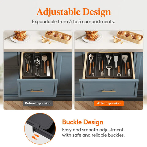Expandable Utensil Drawer Organizer For Kitchen Drawers With Adjustable Cutlery Tray And Silverware Holder before and after expansion