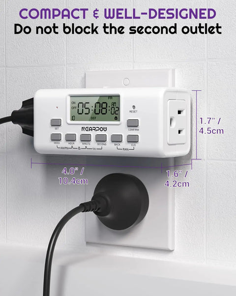 Dual Digital Timer Outlets Keep Your Daily Routine Smooth With A 7 Day Programmable Schedule Easy Manual Switches and Plug and Play Setup That Just Works Like A Dream on wall with two outlets.