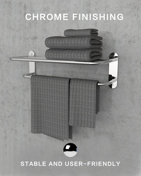 24 Inch Towel Rack With Top Shelf And Single Bar, Stainless Steel And Zinc Alloy Wall Mount Chrome Bathroom Accessory, towels displayed