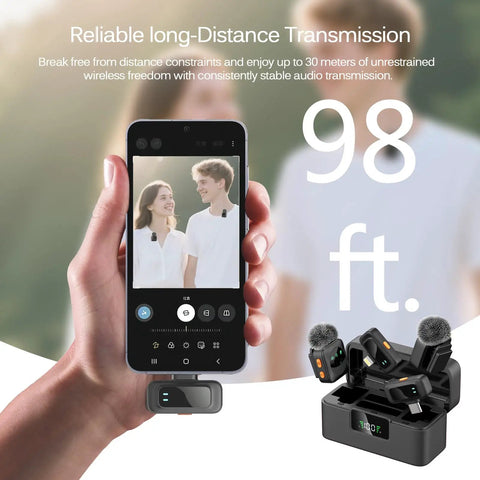 Wireless Lavalier Microphone System With AI Noise Cancelling, Two Transmitters And Two Receivers, Case Included in action at 98 ft