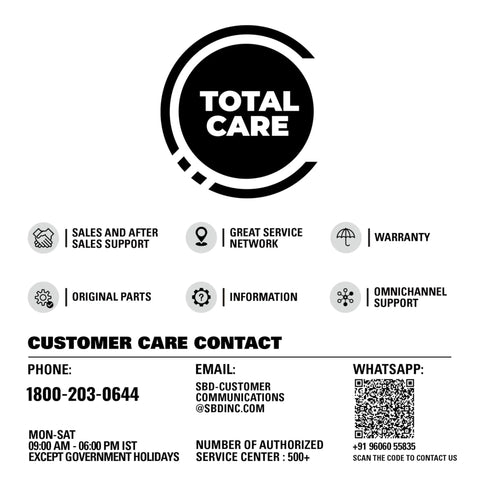 Total Care customer support image showing contact details, service features, and support options with phone, email, and WhatsApp.