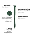Top Shelf Green Deck Screws Two And A Half Inch Star Drive Bugle Head For Exterior Woodwork Built Like A Tank For Smooth Decking Jobs No Prep Work Needed Heavy Duty Bulk Pack Driver Bit Included showing bugle head, green coating, and thread design details.