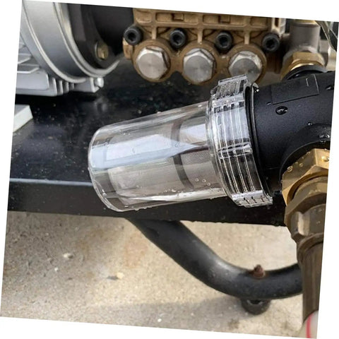 Heavy Duty Inline Water Sediment Filter for Garden Hose or Car Wash Rig with Quick Connect Fitting, clear mesh, installed on equipment.