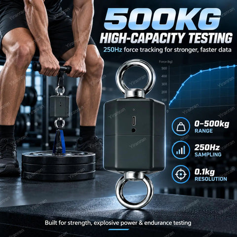 Pro Isometric Strength Tester Push Pull Dynamometer With 250Hz Cordless Data Tracking And App Control For Digital Muscle Force Gauge showing 500kg load test.