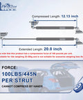 Rock Solid Gas Struts With Brackets, 2-Piece Pack Of 100 Lb Lift Supports That Are Tough As Nails, Perfect For Heavy Cabinet Doors Or Auto Hoods, Measuring 20 Inches, showing compressed and extended lengths.