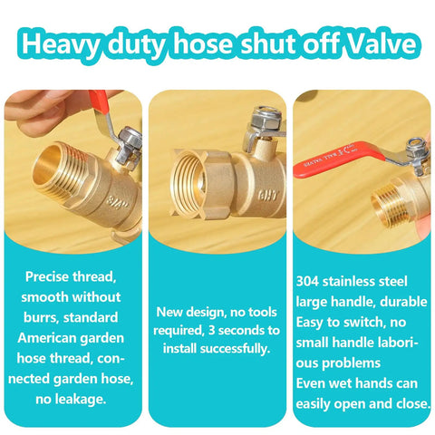 Brass Garden Hose Shut Off Valve Full Flow With Three Quarter Inch GHT Full Port Ball Valve, showing thread and handle
