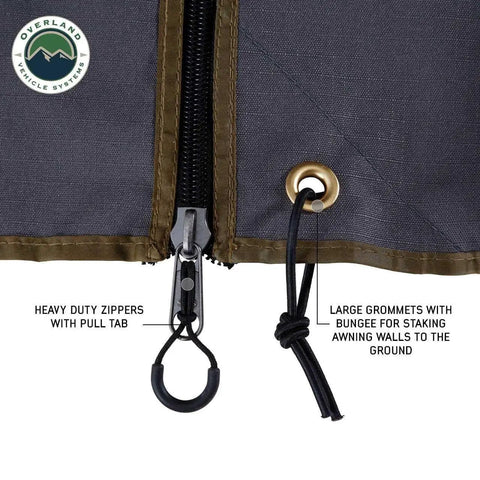 Heavy duty zippers and grommets on Hella Rugged Partner Side Awning Wall To Keep Your Trail Campout Rig Shade Covered.
