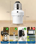 Smart Dusk To Dawn Light Sensor Socket For Standard Fixtures shown with measurements and compatible fixture types, 4 Pack, ETL Listed.