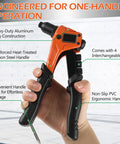 Heavy Duty Manual Rivet Gun Kit With Three Sixteen Inch Tri Grip Pop Rivets showing ergonomic handle with four interchangeable heads.