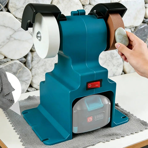 Heavy Duty Mini Bench Grinder And Buffer Polisher Featuring Secure Six Hole Mounting Base For 18V Battery powered workshop rig with grinding wheel.