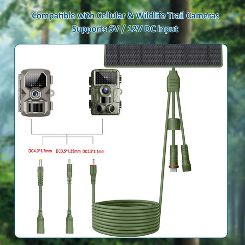 Heavy Duty 5W Solar Panel For Trail Cameras Equipped With A 5200 Mah Backup Battery dual cable connections for wildlife cameras.