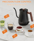 Gooseneck Electric Kettle With Built In Thermometer 0.8L 1200W Fast Heat For Coffee And Tea Precision Pour No Fuss Auto Shut Off Dry Boil Protection Stainless Steel displayed on a countertop with various hot beverages.