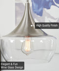13 Inch Modern Pendant Light With Clear Schoolhouse Glass Shade In Brushed Nickel Finish, close-up view with visible bulb