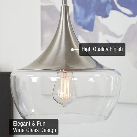 13 Inch Modern Pendant Light With Clear Schoolhouse Glass Shade In Brushed Nickel Finish, close-up view with visible bulb