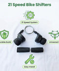 21 Speed Twist Shifter Set With Left And Right Revoshift Grips for Mountain and Hybrid Bikes displayed with installation icons