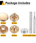 24 Pair Pro-Grade Brass Snap Buttons 15mm Gold Press Studs Fastener Kit 4 Install Tools shown together in a layout.