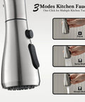 Waterfall Kitchen Faucet With Pull Down Sprayer In Brushed Nickel Stainless Steel Sink Faucet showing spray modes and button detail