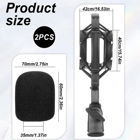 Universal Microphone Shock Mount With Pop Filter And Clip Holder dimensions, showing anti vibration suspension for 42mm-46mm condenser mics.