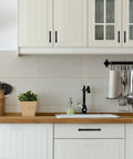 Matte Black Cabinet Pulls 10 Pack 5 Inch 128mm Hole Centers Aluminum Kitchen Cabinet Handles installed on white kitchen cabinets.