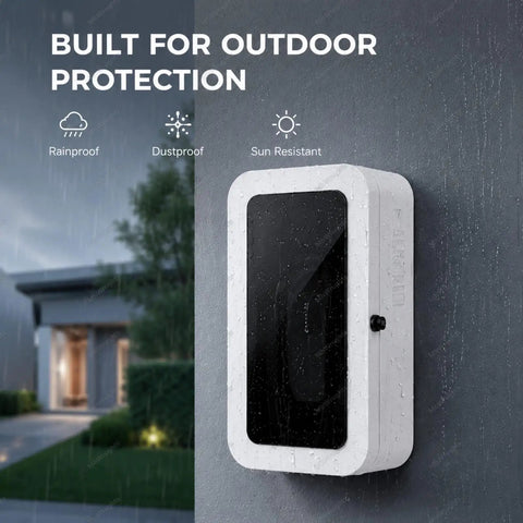 Heavy Duty EV Charger Guard Box Featuring Lock Tight Mechanical Combination Lock And Clean Wall Mount Setup For Foolproof Weather Coverage, mounted on wall with rainproof design.