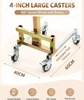 Close-up of Heavy Duty Portable Mobile Lifting Stacker Tool with 4-inch swivel wheels and adjustable foot distance for cabinet handling.