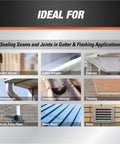 Ideal applications for Dynaflex Gutter And Narrow Seam Advanced Elastomeric Waterproof Sealant with images of gutters and ducts