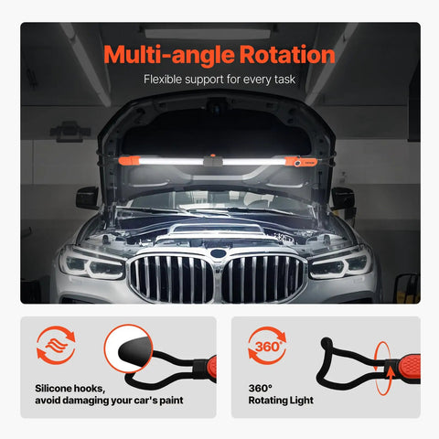 Dope Rechargeable Cordless Underhood Work Light Bar With 2300 Lumens installed in car hood, showing hooks and rotation feature.