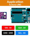 Diagram showing 4 Pack BME280 Sensor Module GY BME280 5V Atmospheric Pressure Temperature Humidity Sensor with Arduino UNO application.