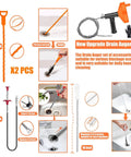 Heavy Duty Drain Snake Auger With Slick Flex Steel Cable For Knocking Out Stubborn Hair And Sink Clogs In Bathroom Or Shower Includes Grippy Work Gloves For A No Sweat Cleanup Fix Bright Orange tools and accessories for clearing blockages.