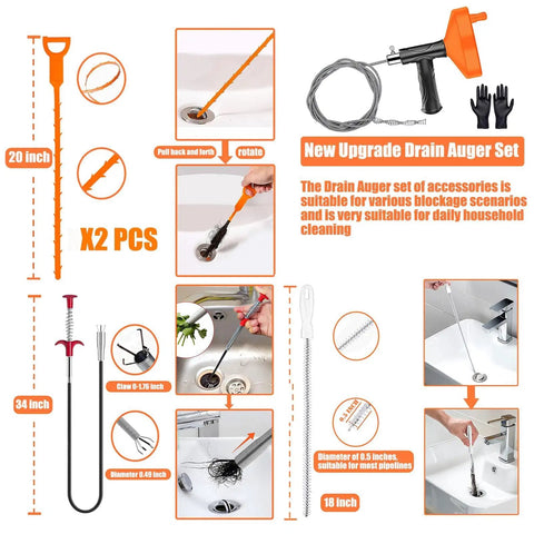 Heavy Duty Drain Snake Auger With Slick Flex Steel Cable For Knocking Out Stubborn Hair And Sink Clogs In Bathroom Or Shower Includes Grippy Work Gloves For A No Sweat Cleanup Fix Bright Orange tools and accessories for clearing blockages.