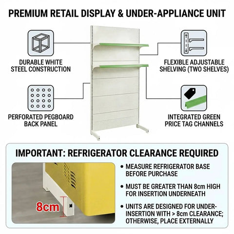 Top Shelf Heavy Duty Double Sided Gondola Shelving Above Fridge Display Rack Adjustable Commercial Metal Storage Unit with perforated back panel.