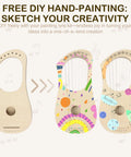7 String Lyre Harp DIY Kit For Beginners showing unpainted and painted options with basswood body for customization.