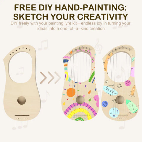 7 String Lyre Harp DIY Kit For Beginners showing unpainted and painted options with basswood body for customization.
