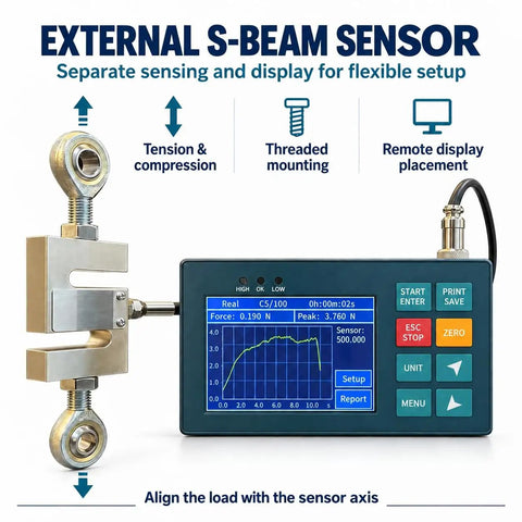 Hella Accurate Digital Dynamometer Force Gauge Remote S Beam Load Cell with touchscreen display for tension and compression tests.