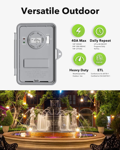 Heavy Duty Workhorse Digital Pool Timer For Outdoor Spas And Water Heaters 40 Amp 120 To 277 Volt in waterproof gray housing.