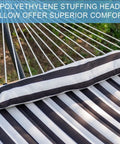Close-up of 12Ft Quilted Double Hammock With Spreader Bars And Detachable Pillow For Two People, Outdoor Patio Poolside Backyard Chill, 450 Lb Capacity, Black White, highlighting striped fabric and pillow.