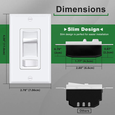 Diagram showing dimensions of 6 Pack Ultra Slim Dimmer Light Switch For LED CFL And Incandescent Lights Easy Install 15A 120V 60Hz Single Pole Or 3 Way 300W LED CFL 600W Incandescent ETL Listed White Slide Dimmer with slim design.