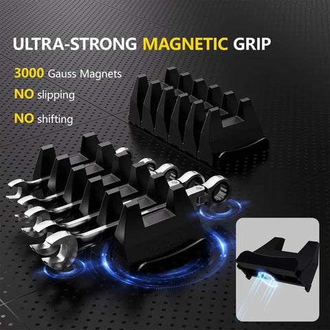 Magnetic Modular Wrench Organizer Set with Wrench Holder and Drawer Rack, featuring strong neodymium magnets for secure tool storage.
