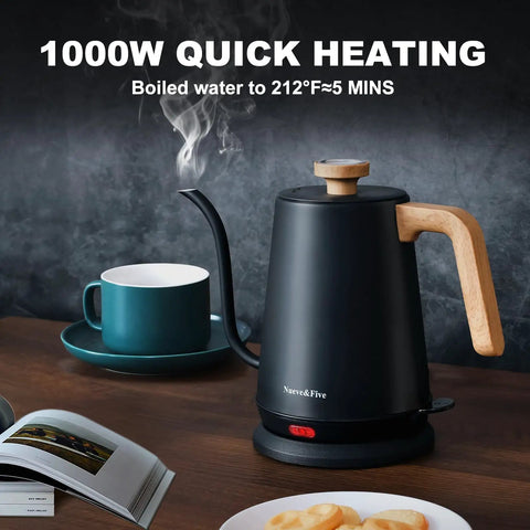 Gooseneck Electric Kettle with Built-In Thermometer, 1L Stainless Steel, 1000W Fast Boil, on table with cup and book