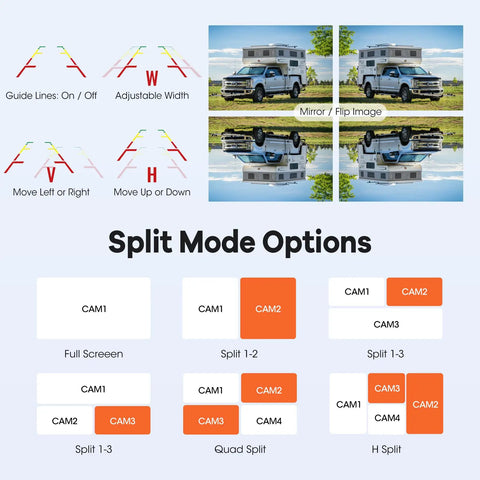 Split mode options for Dual Wireless Backup Camera System With 10.1 Inch HD Monitor showing image mirroring and guide lines.