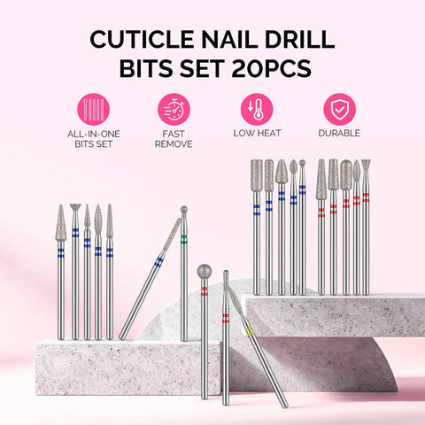 20 Piece Diamond Nail Drill Bits Set For E File 3 By 32 Inch Cuticle And Acrylic Gel Nail Bits Kit With Pro Grade Quality