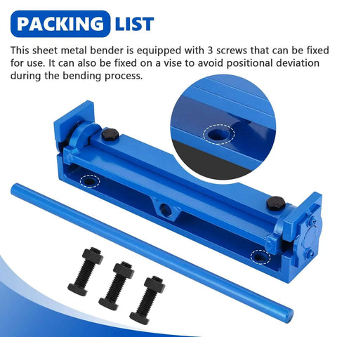 Packing list showing blue 7.87 Inch Steel Bending Brake Manual Sheet Metal Bender with three screws and a rod for assembly