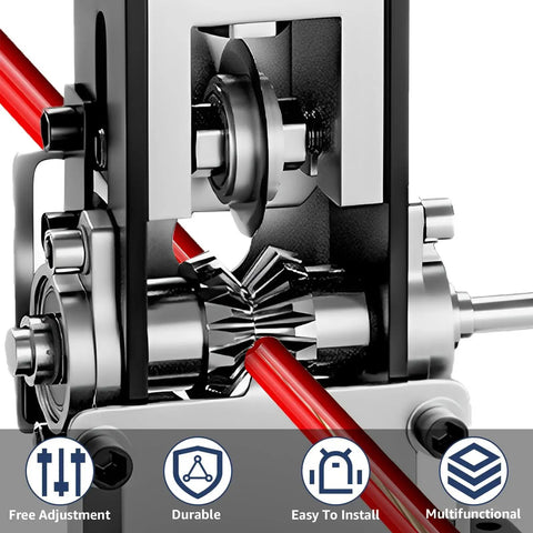 Close-up of drill powered copper wire stripper machine, showing durable steel gears and adjustable cable stripping feature.