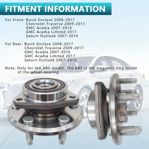 Solid As A Rock Wheel Bearing Hub Assembly Kit 513277 showing front and rear fitment information for GMC Acadia and Chevy Traverse models.