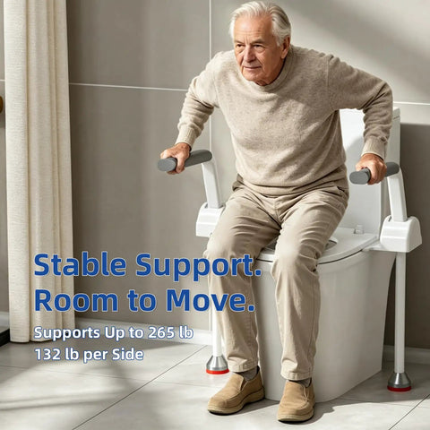 Toilet Safety Rails For Seniors Featuring Flip Up Arm Rests And Height Adjustable Rear Legs For Smooth Standing Help And Firm Bathroom Grip That Makes Getting Up A Breeze Oldtimers Love This Easy Bolt On Assist Rail System, showing an elderly man using stable toilet safety rails.