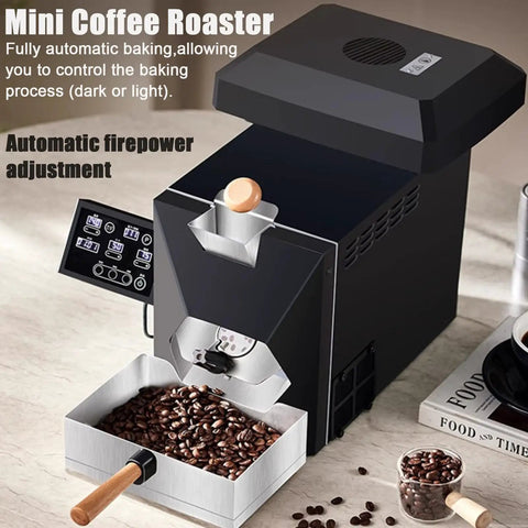 Compact Electric Coffee Bean Roaster With Two Hundred Gram Capacity And Rapid Chill Cooling For Home Baristas Chasing Drop Dead Fresh Beans With Smooth Even Roasting Across Three Smart Settings, featuring stainless steel parts and display.