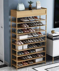 Real Game Changer Stackable Shoe Rack Organizer Vertical Ten Tier Tower With Top Compartment Sturdy Narrow Shoe Storage For Tiny Foyers Built Tough Entryway MVP Solution with shoes and storage drawer.