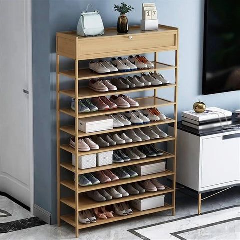 Real Game Changer Stackable Shoe Rack Organizer Vertical Ten Tier Tower With Top Compartment Sturdy Narrow Shoe Storage For Tiny Foyers Built Tough Entryway MVP Solution with shoes and storage drawer.