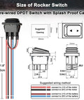 Rocker switch dimensions and wiring instructions for Dang Smooth 12Vdc Electric Linear Actuator With 10 Inch Stroke And Momentary Switch 200 Lb Force IP66 Weatherproof Shell.