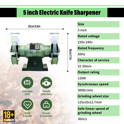 5 inch electric knife sharpener with dual wheels, safety shields, and compact design for efficient sharpening.